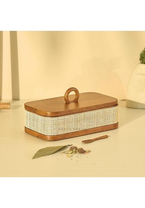 Brick Brown Wooden Tresso Masala Box for Kitchen Handcrafted Rattan Spice Box with 8 Steel Containers