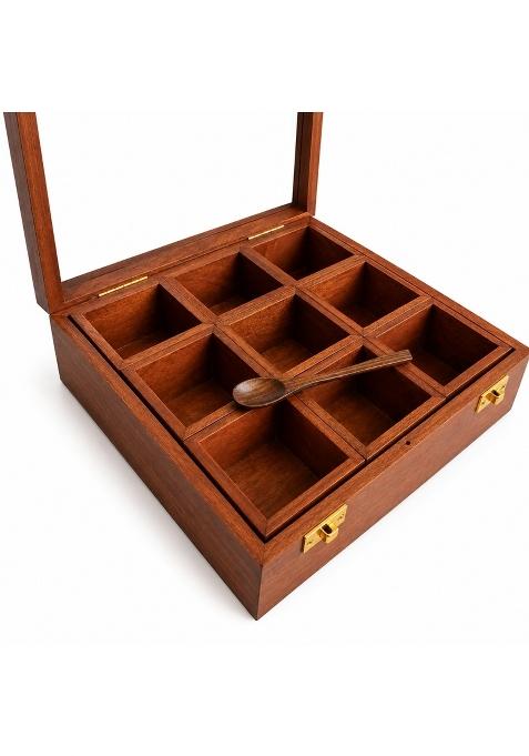 Deepira Collections Brown Premium Wooden Spice and Dry Fruit Storage Box with Removable Compartments
