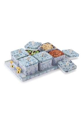 Nabhya Blue 6PC Multipurpose Dry Fruit Container Set with Serving Tray and Lid