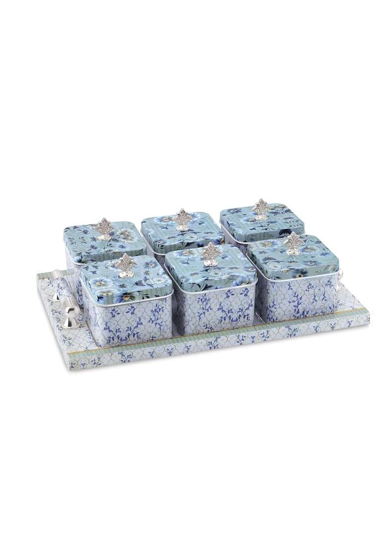 Nabhya Blue 6PC Multipurpose Dry Fruit Container Set with Serving Tray and Lid - Indya