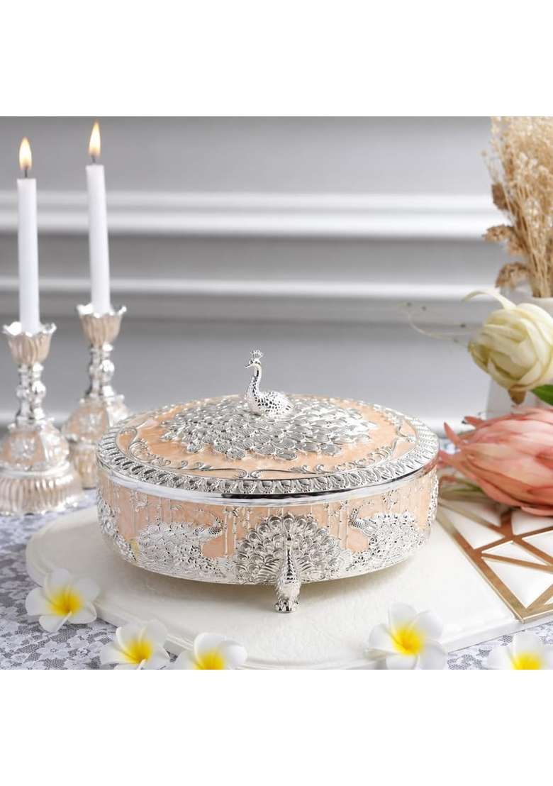 Peacock Design Round Dry Fruit Box with Lid Peach - Indya
