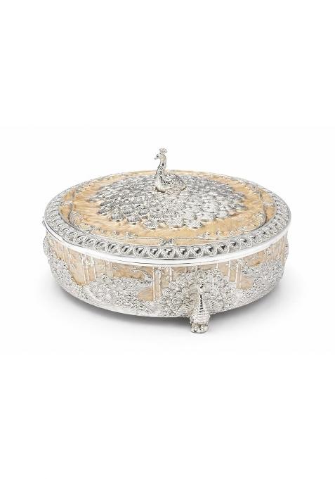 Peacock Design Round Dry Fruit Box with Lid Peach