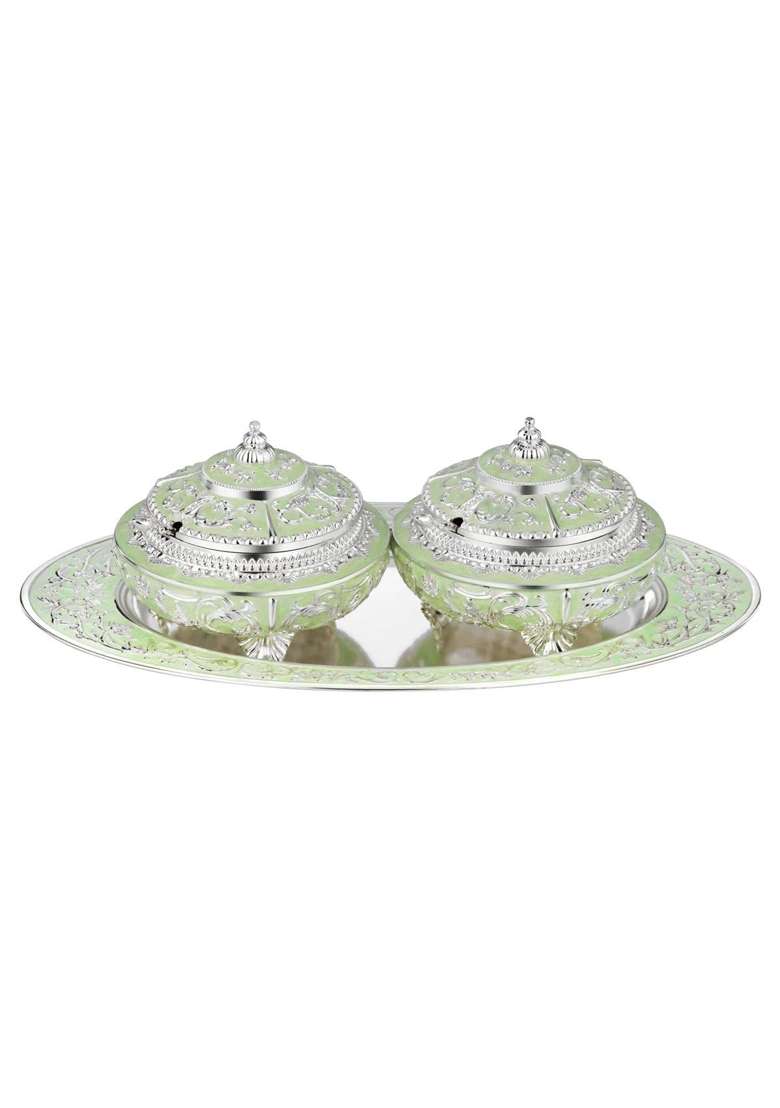 Silver and Green Decorative Dry Fruit Box Set with Tray - Indya