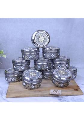 Navrang Stainless Steel Storage Container with Lid Meenakari Silver Oxidized Decorative Kitchen Pack of 12