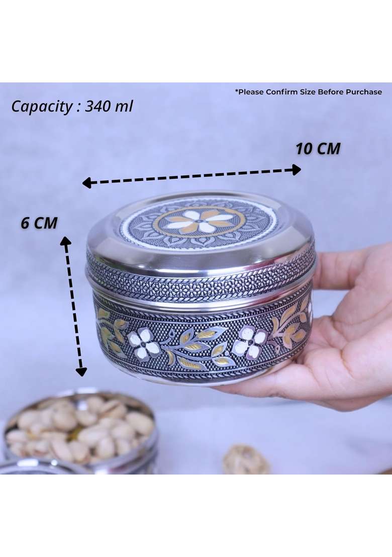 Navrang Stainless Steel Storage Container with Lid Meenakari Silver Oxidized Decorative Kitchen Pack of 12 - Indya