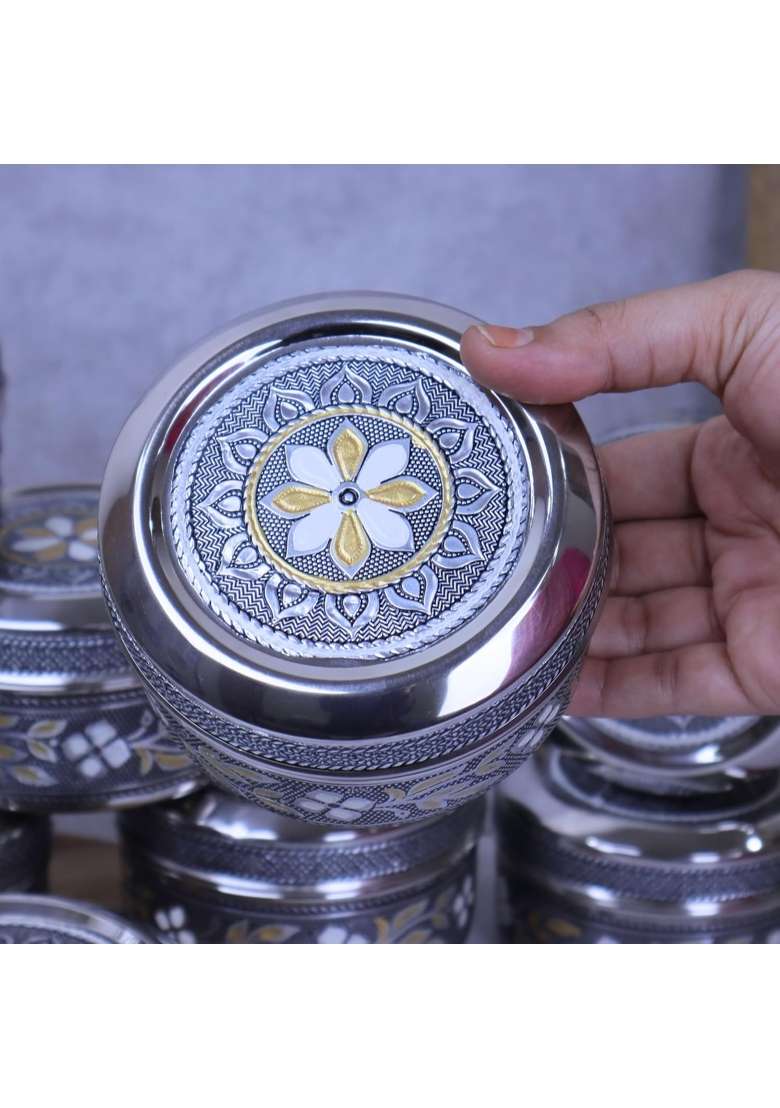 Navrang Stainless Steel Storage Container with Lid Meenakari Silver Oxidized Decorative Kitchen Pack of 12 - Indya