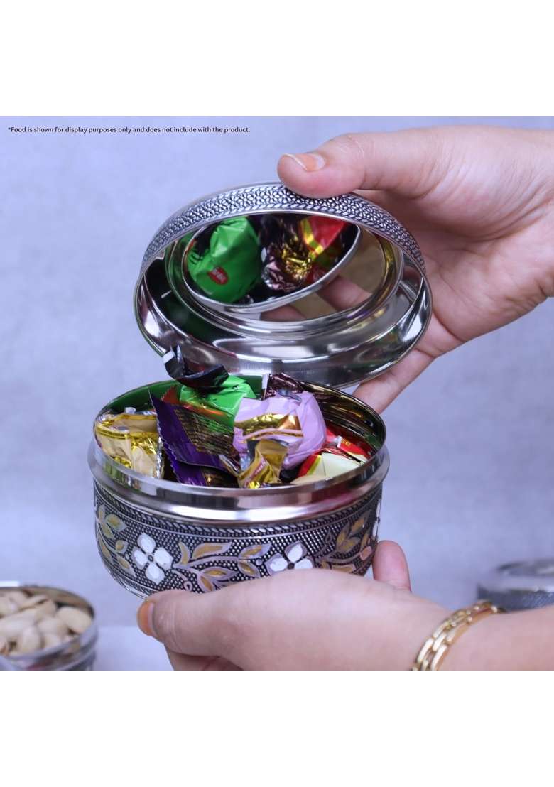 Navrang Stainless Steel Storage Container with Lid Meenakari Silver Oxidized Decorative Kitchen Pack of 12 - Indya