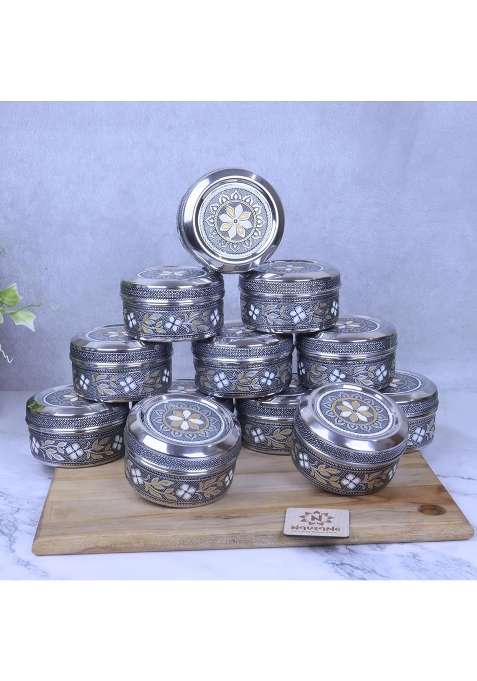 Navrang Stainless Steel Storage Container with Lid Meenakari Silver Oxidized Decorative Kitchen Pack of 12