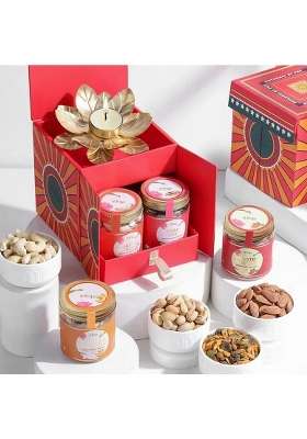 FNP Red Diwali Dry Fruits Gift Hamper with Lotus Diya Premium Assorted Dry Fruits and Festive Gift Box