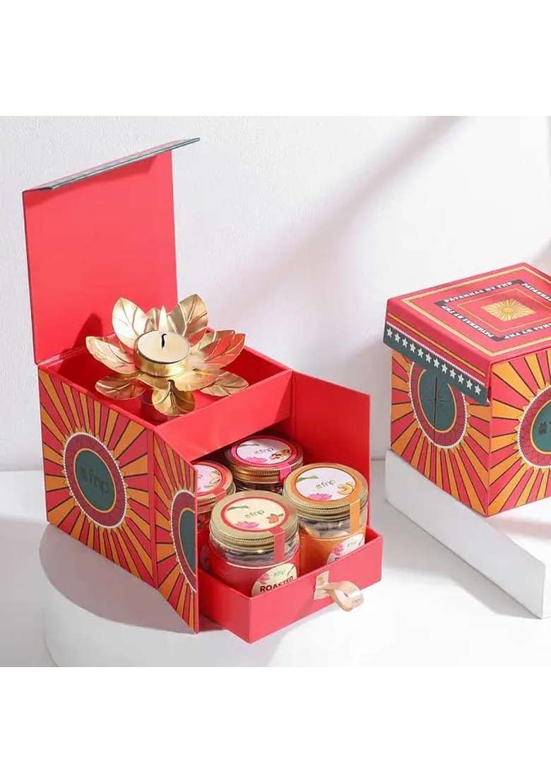 FNP Red Diwali Dry Fruits Gift Hamper with Lotus Diya Premium Assorted Dry Fruits and Festive Gift Box - Indya