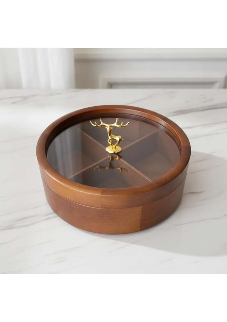 Styleheaven Wooden Dry Fruit Box with Glass Lid Round Dry Fruit Box Glass - Indya