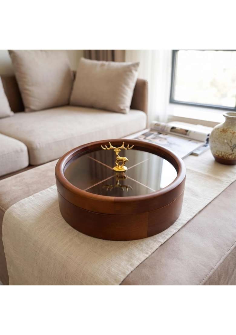 Styleheaven Wooden Dry Fruit Box with Glass Lid Round Dry Fruit Box Glass - Indya