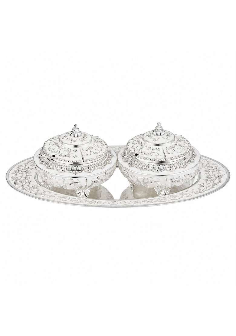 Decorative Dry Fruit Box Set with Tray Silver and Gold Silver - Indya