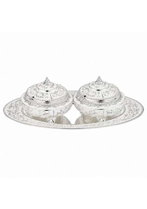 Decorative Dry Fruit Box Set with Tray Silver and Gold Silver