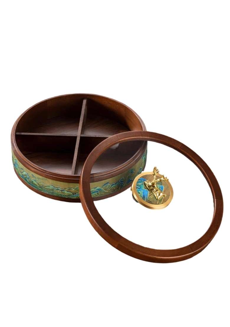 Bnf Clovrix Compartmented Dry Fruit Box with Compartments Round Candy Box with Glass Lid Wooden Divided - Indya