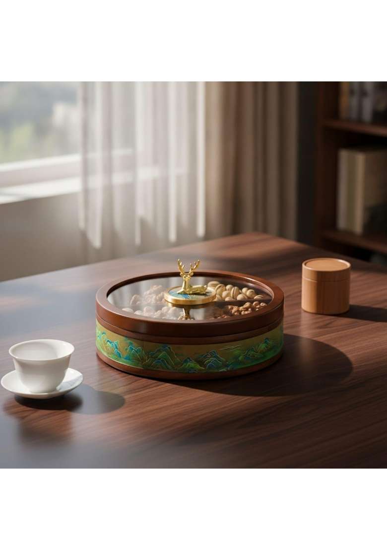 Bnf Clovrix Compartmented Dry Fruit Box with Compartments Round Candy Box with Glass Lid Wooden Divided - Indya