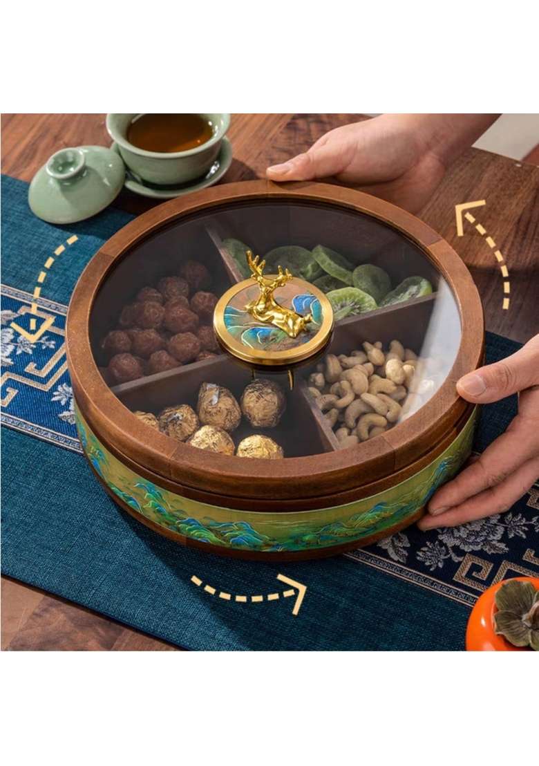 Bnf Clovrix Compartmented Dry Fruit Box with Compartments Round Candy Box with Glass Lid Wooden Divided - Indya