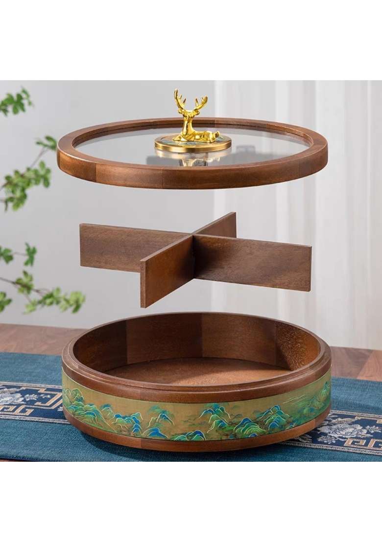 Bnf Clovrix Compartmented Dry Fruit Box with Compartments Round Candy Box with Glass Lid Wooden Divided - Indya