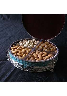 Kalico Peacock Dry Fruit Box with Dry Fruits Turquoise Blue and Silver Decorative Dry Fruit Gift Box