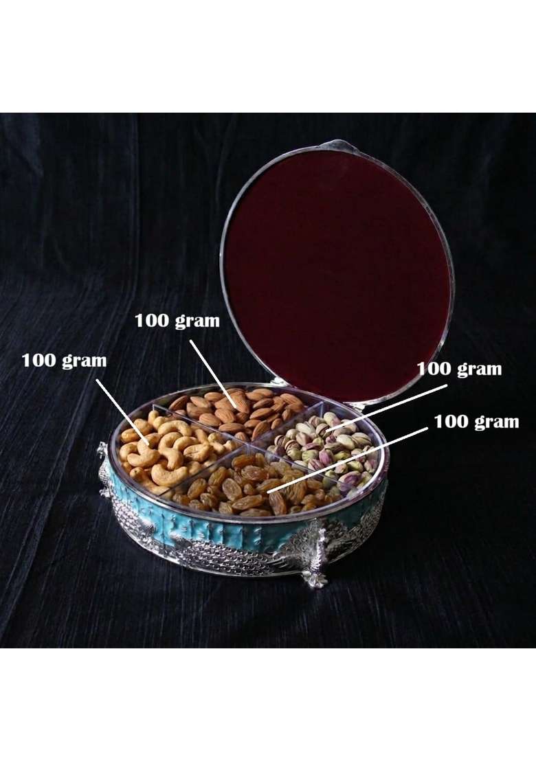 Kalico Peacock Dry Fruit Box with Dry Fruits Turquoise Blue and Silver Decorative Dry Fruit Gift Box - Indya
