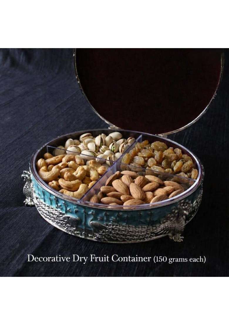 Kalico Peacock Dry Fruit Box with Dry Fruits Turquoise Blue and Silver Decorative Dry Fruit Gift Box - Indya