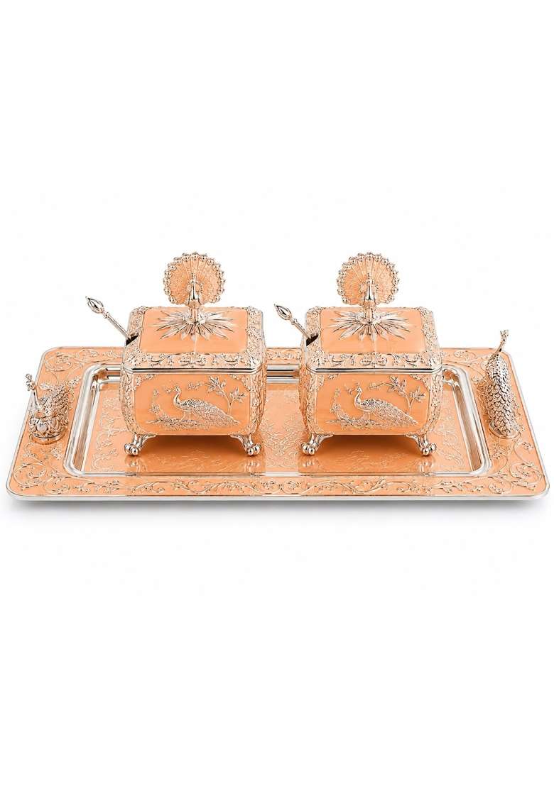 Peacock Design Dry Fruit Box Set with Tray Rose Gold - Indya