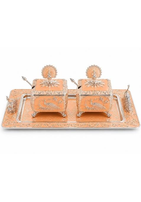 Peacock Design Dry Fruit Box Set with Tray Rose Gold