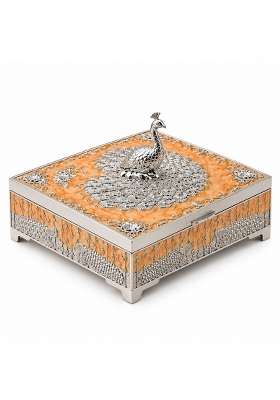 Premium Peacock Design German Silver Dry Fruit Box with Orange Enamel