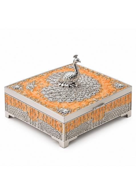 Premium Peacock Design German Silver Dry Fruit Box with Orange Enamel