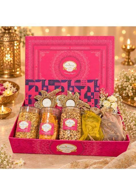 Ghasitaram Gifts Jaiccha Pink Hamper Box with Assorted Sweets Namkeen and Dry Fruits with T Lights