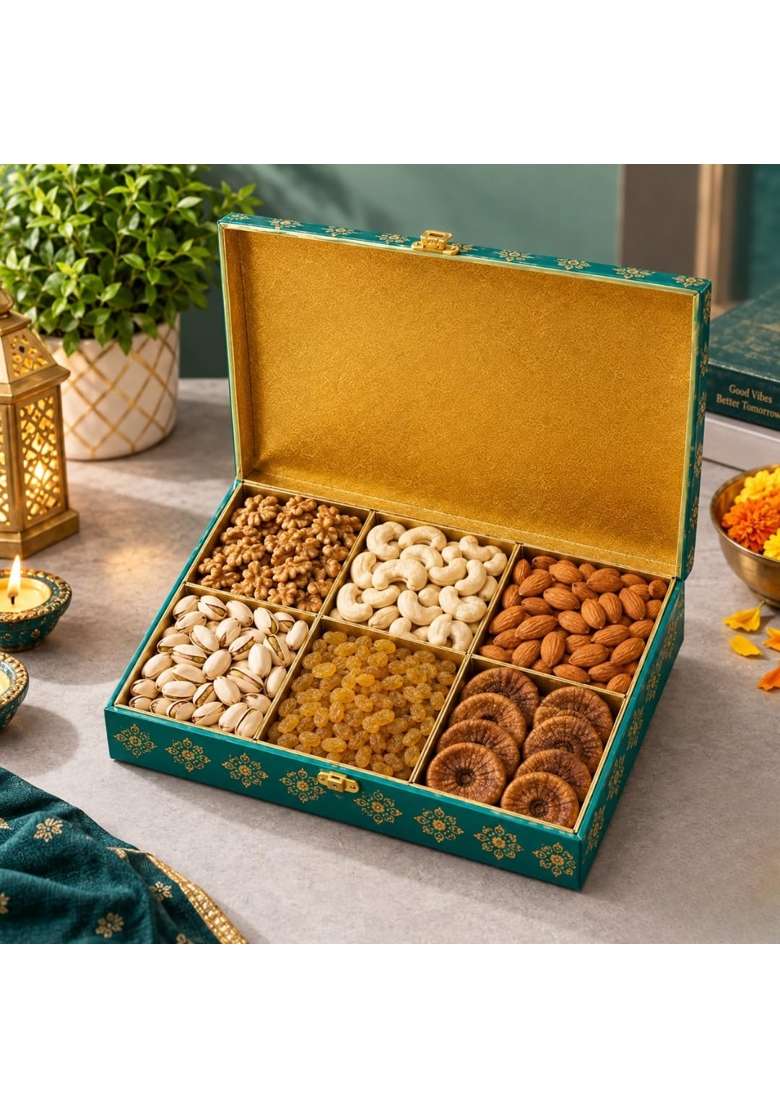 SSS SAB SE Special Diwali 6 Compartment Dry Fruit Gift Box Walnuts Cashews Almonds Pistachios Raisins and Figs - Indya