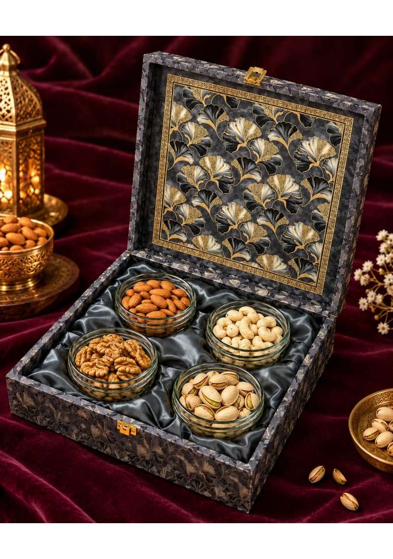 Riwaz Grey Flower MDF Dry Fruit Gift Box with 4 Jars of Almonds Cashews Pistachios and Walnuts - Indya
