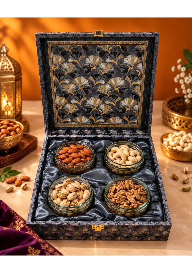 Riwaz Grey Flower MDF Dry Fruit Gift Box with 4 Jars of Almonds Cashews Pistachios and Walnuts - Indya