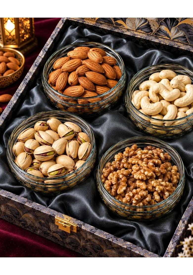 Riwaz Grey Flower MDF Dry Fruit Gift Box with 4 Jars of Almonds Cashews Pistachios and Walnuts - Indya