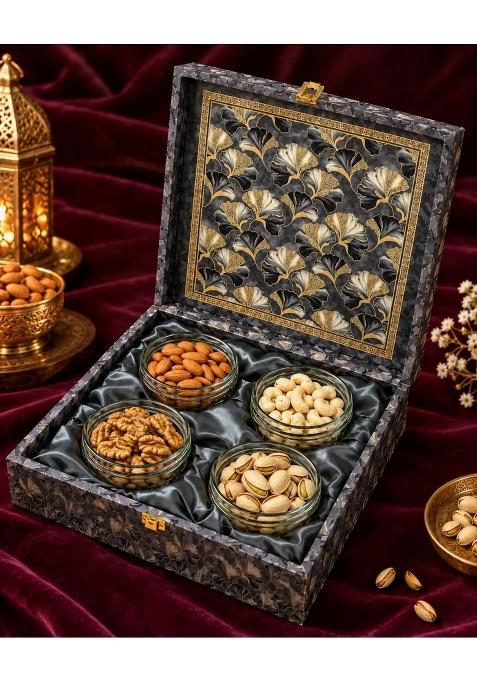 Riwaz Grey Flower MDF Dry Fruit Gift Box with 4 Jars of Almonds Cashews Pistachios and Walnuts