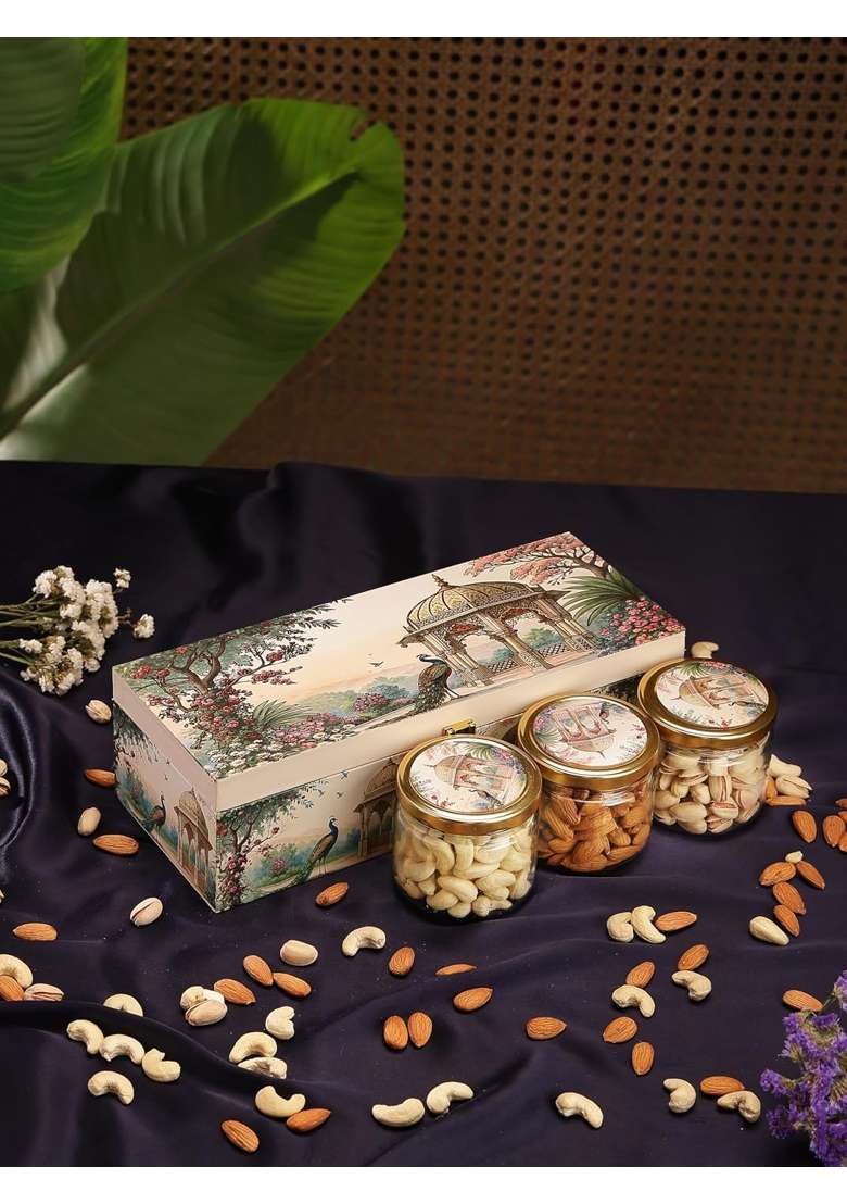 Goldsphere Global 3 Jar Dry Fruit Gift Hamper Almond Plus Pista Plus Cashew Gold Royal Wooden Box - Indya