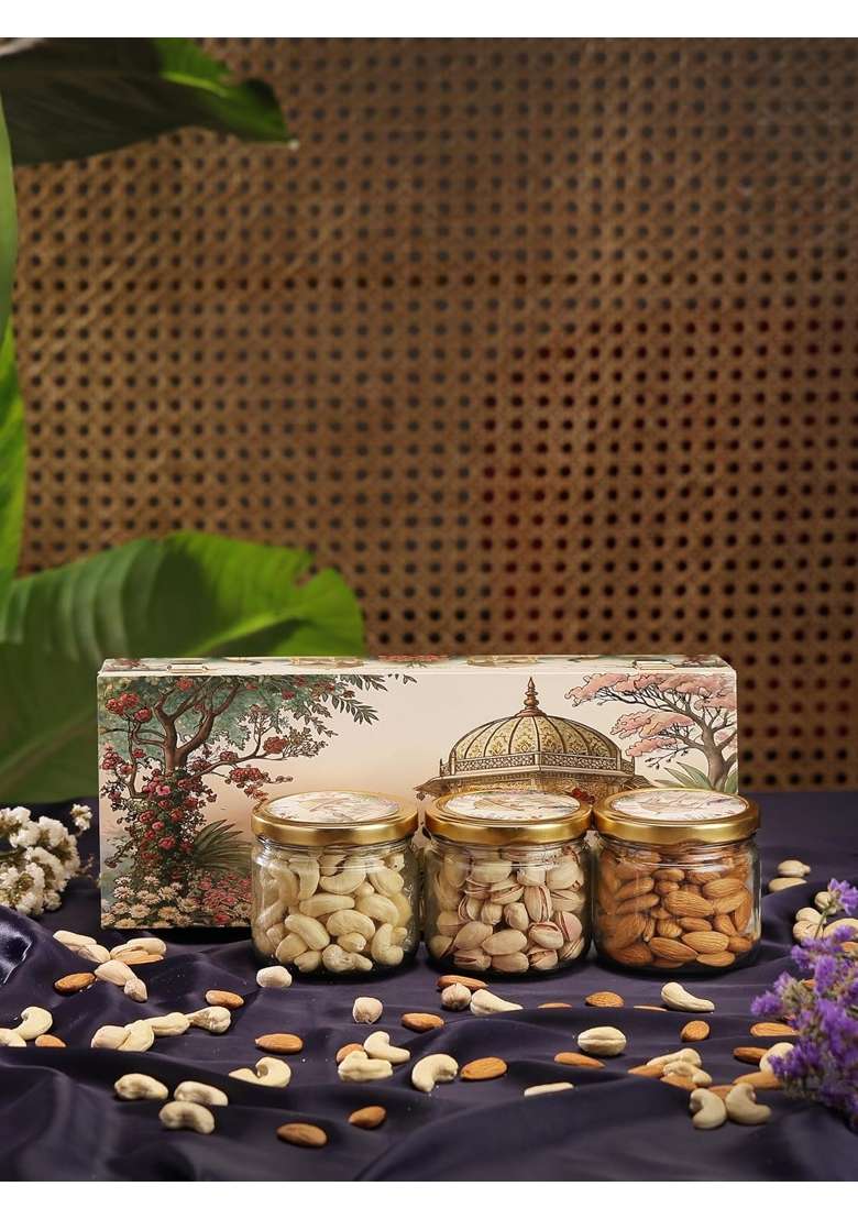 Goldsphere Global 3 Jar Dry Fruit Gift Hamper Almond Plus Pista Plus Cashew Gold Royal Wooden Box - Indya