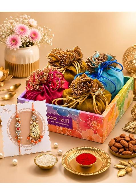 Hyperfoods Bhaiya Bhabhi Rakhi Gift Hamper for Brother Bhabhi Pooja Thali Roli and Rice Dry Fruit 495 Gms