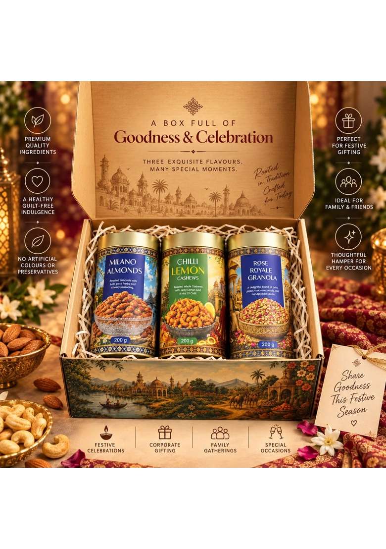 Indus Origin CO Premium Dry Fruit Gift Hamper Milano Almonds Chilli Lemon Cashews and Rose Royale Granola - Indya