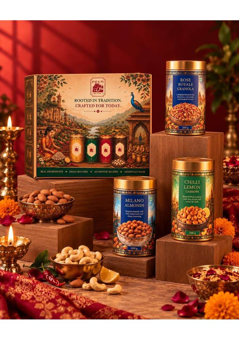 Indus Origin CO Premium Dry Fruit Gift Hamper Milano Almonds Chilli Lemon Cashews and Rose Royale Granola - Indya