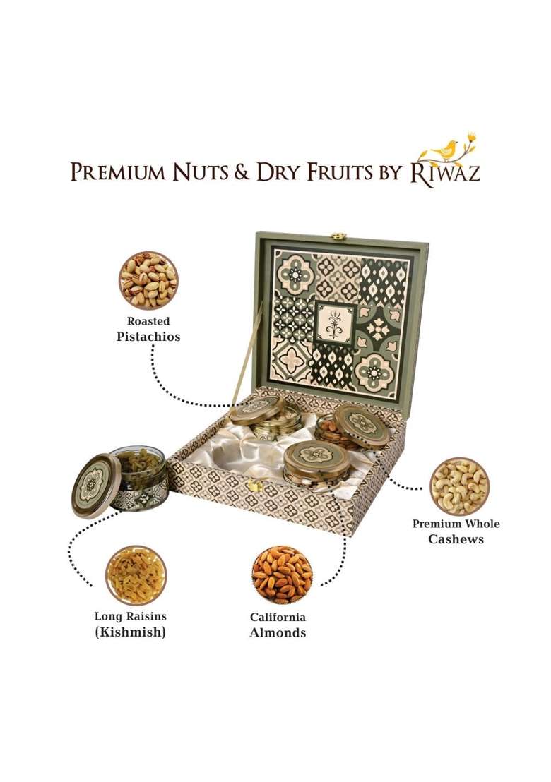 Riwaz Luxury Rajwada Dry Fruits Gift Box 450G 100 Percent Natural Almonds Cashews Pistachios and Raisins - Indya