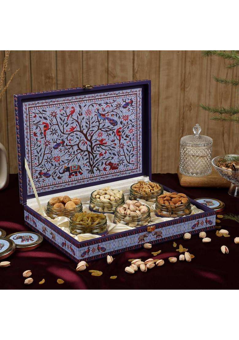 Riwaz Luxury Blue Beauty Peacock Dry Fruit Gift Box for Diwali Corporate Wedding and Festive Gifting - Indya