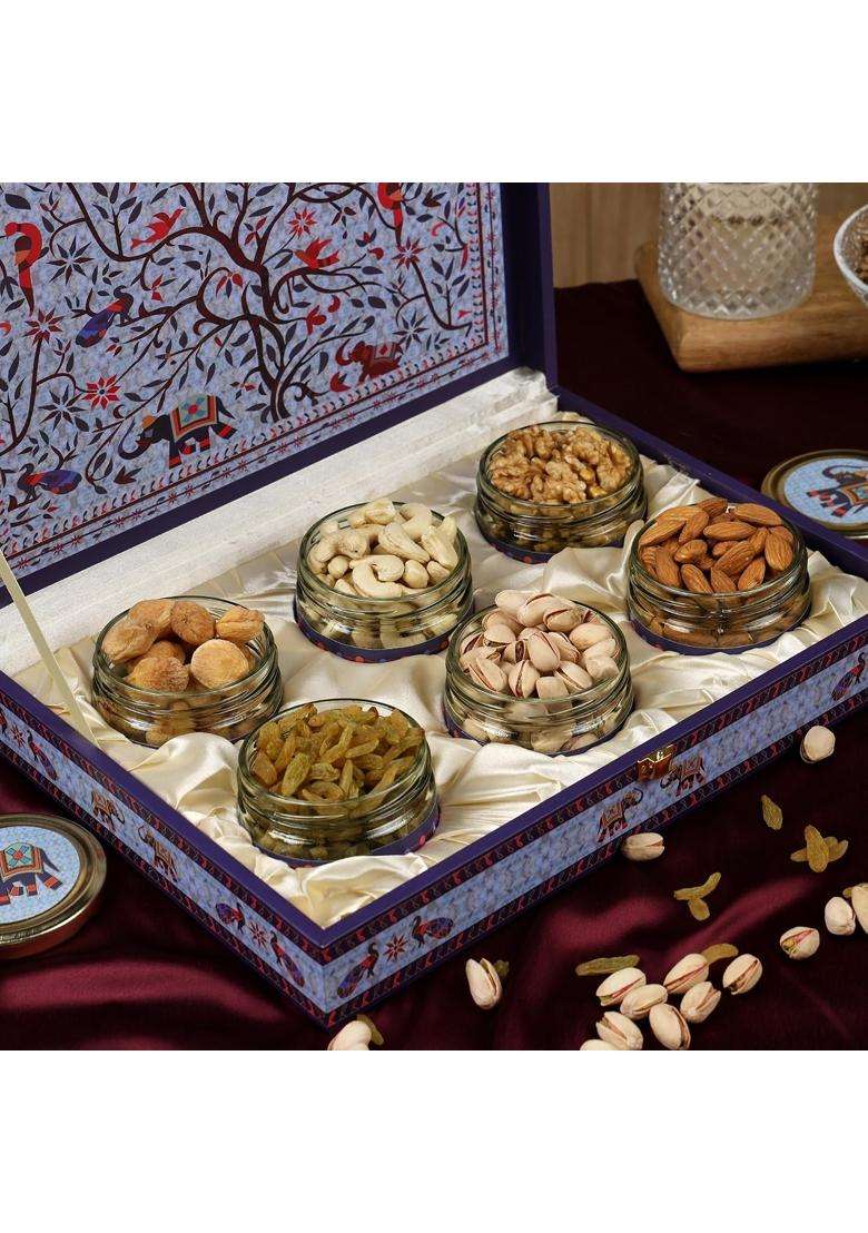 Riwaz Luxury Blue Beauty Peacock Dry Fruit Gift Box for Diwali Corporate Wedding and Festive Gifting - Indya