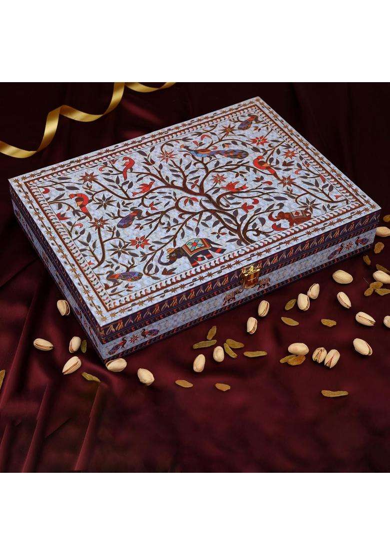 Riwaz Luxury Blue Beauty Peacock Dry Fruit Gift Box for Diwali Corporate Wedding and Festive Gifting - Indya