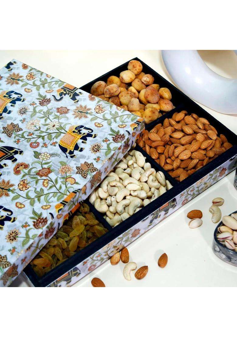 Riwaz Elite Floral Elephant Dry Fruits Gift Box 6 Airtight Jars with Almonds Cashews Pistachios Walnuts - Indya