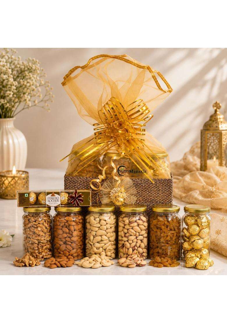 Nutri Miracle Gold Diwali Gift Pack for Family and Friends Almonds Cashews Mixed Nuts and Chocolates Hamper - Indya