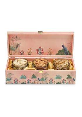 Goldsphere Global 3 Jar Dry Fruit Gift Hamper Almond Plus Cashew Plus Walnut Pink Royal Wooden Box