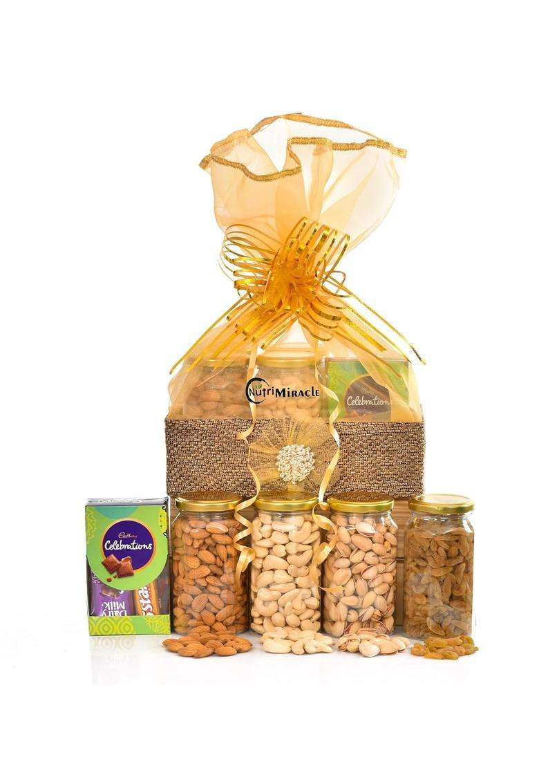 Nutri Miracle Diwali Gift Hamper with Diya for Office Staff Dry Fruits Gift Pack with Greeting Card - Indya