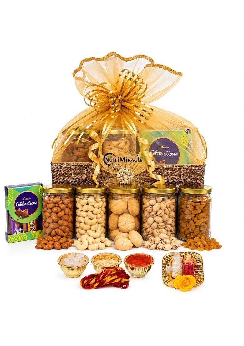 Nutri Miracle Bhaidooj Tilak Kit and Assorted Dry Fruits Gift Hamper - Indya