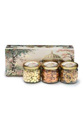 Goldsphere Global 3 Jar Dry Fruit Gift Hamper Almond Plus Cashew Plus Walnut Gold Royal Wooden Box